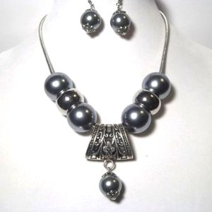 Floral Scarf Bail Pendant and Dark Gray Pearl Necklace and Earring Set